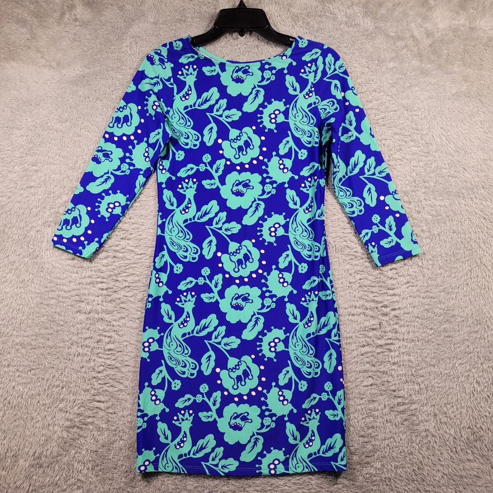 All For Color Sheath‎ Dress Womens XS Blue Peacock Floral 3/4 Sleeve